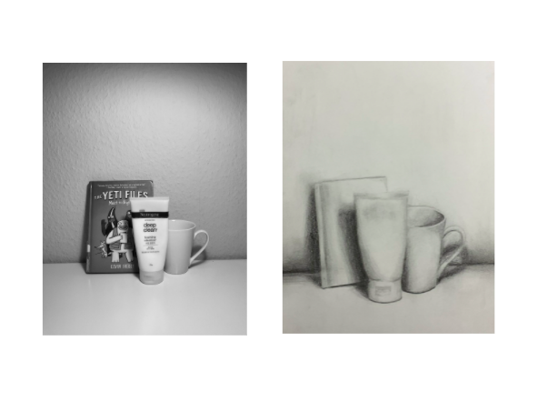 still life black and white drawing