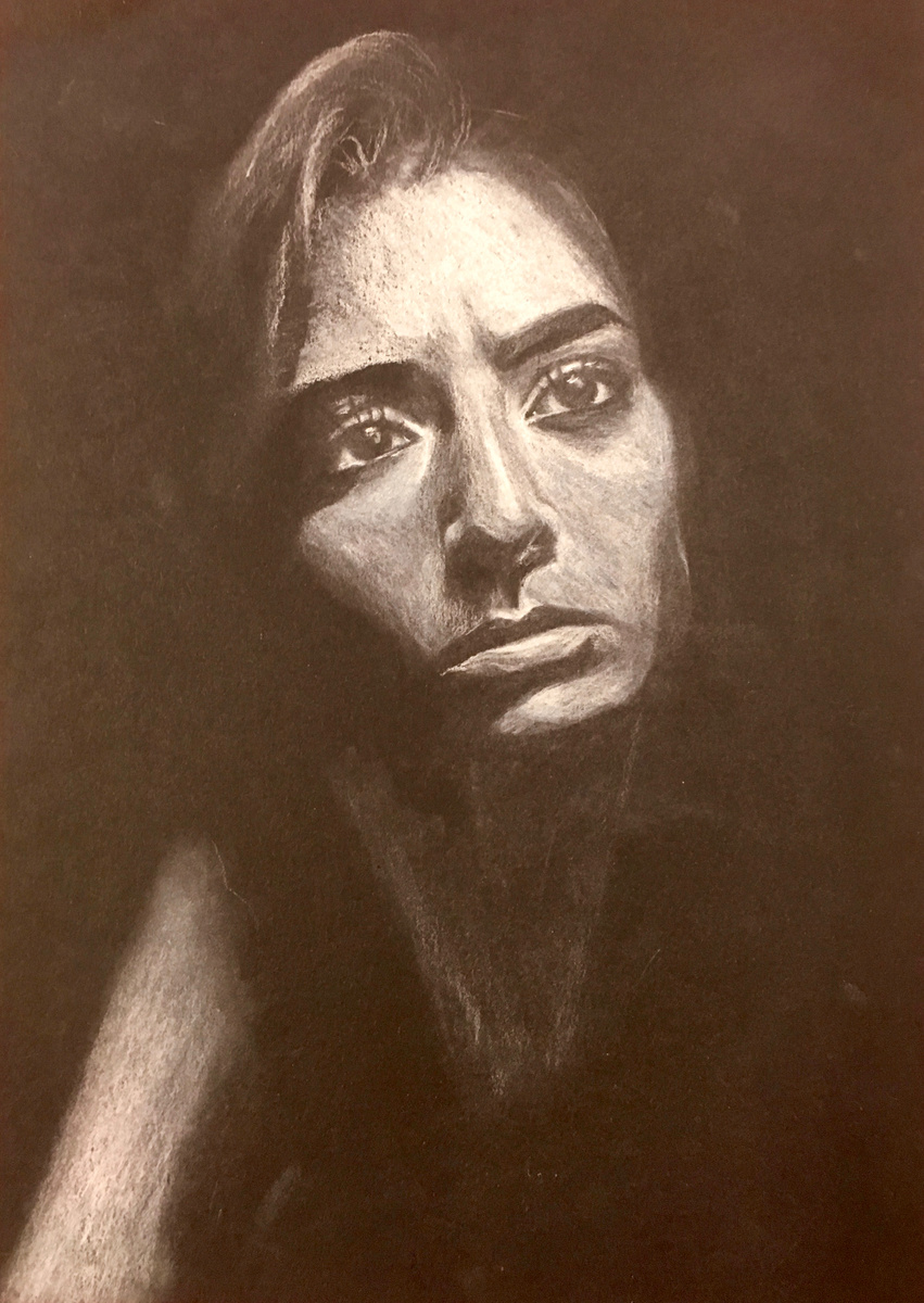 Portrait – White charcoal and pencil on black grayscale paper – 12″x18″
